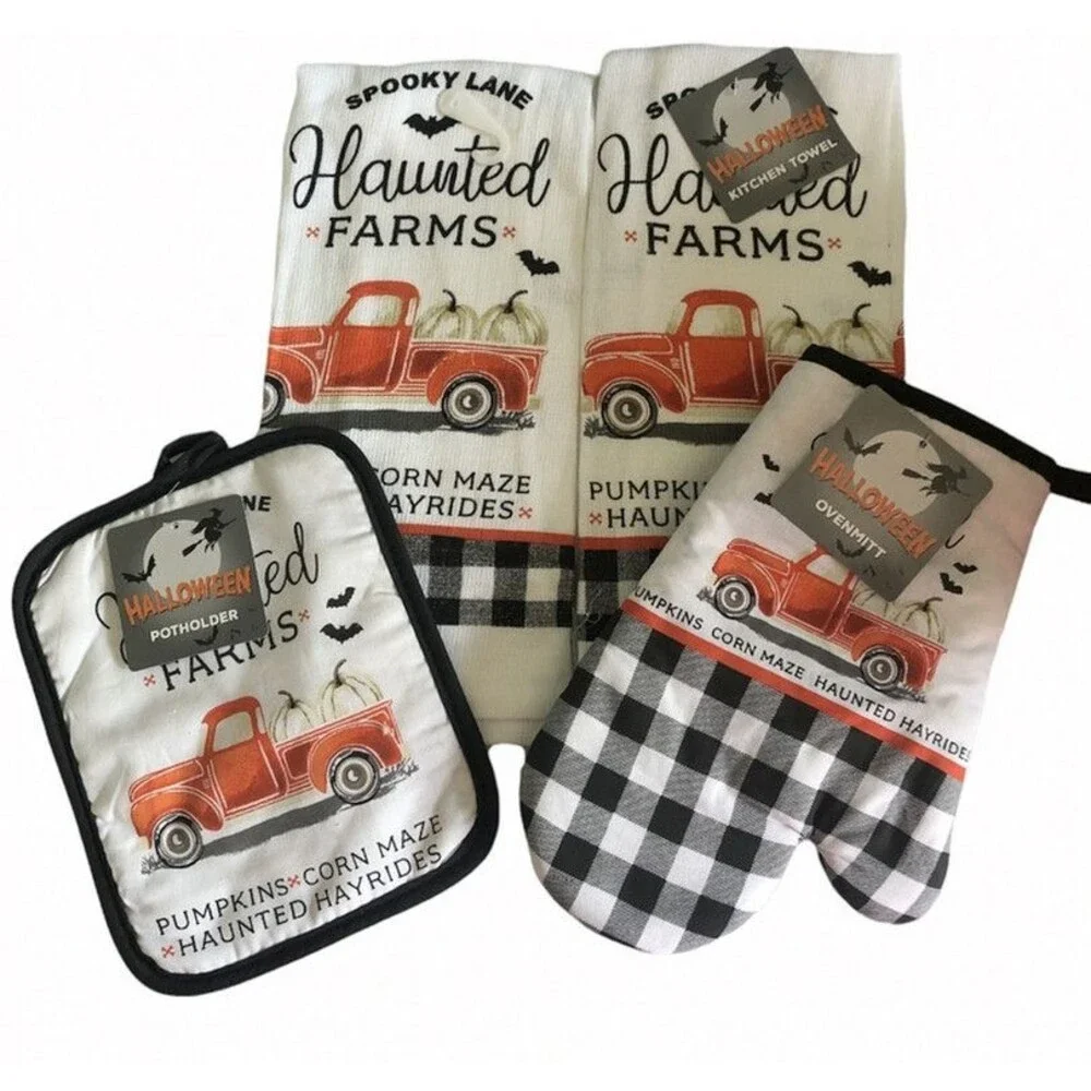 Halloween Kitchen Dish Towels Oven Mitt Potholder Set of 4 Haunted Farm Truck